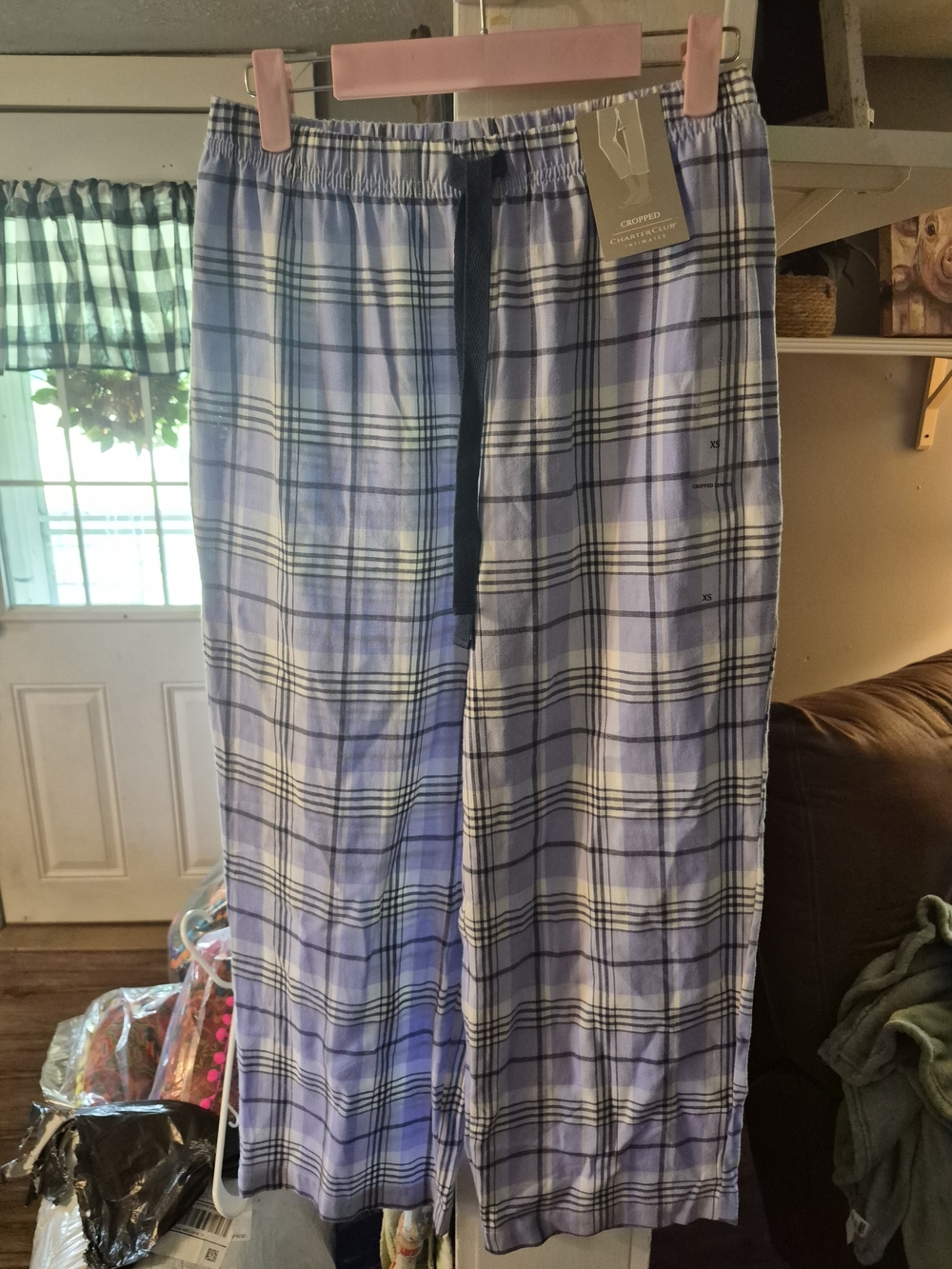 Charter Club Intimates cropped pajama pants feature a blue and white plaid patte